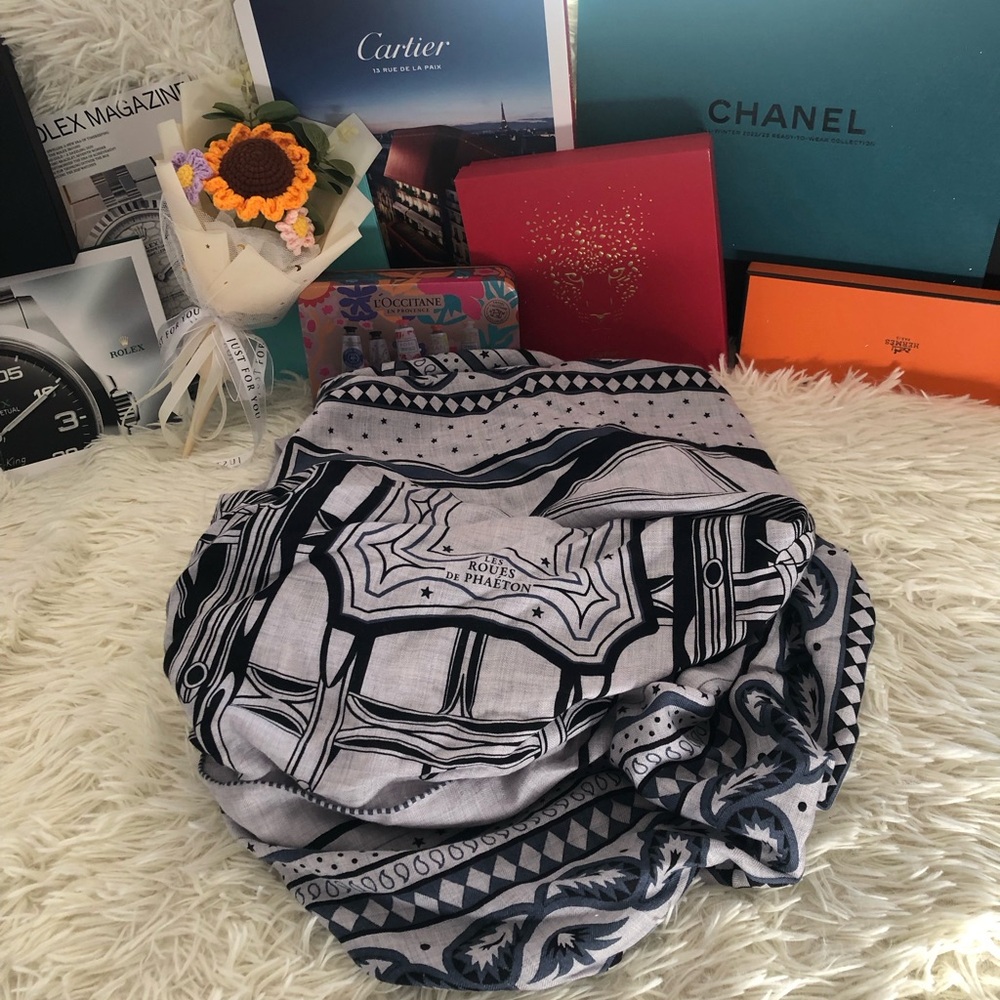 Hermès Graphic Black and White Patterned Scarf